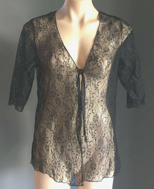 VICKY VALE Cardigan Black Lace Sheer w Tie Ladies Size 8 10 Stand Out Top NEW