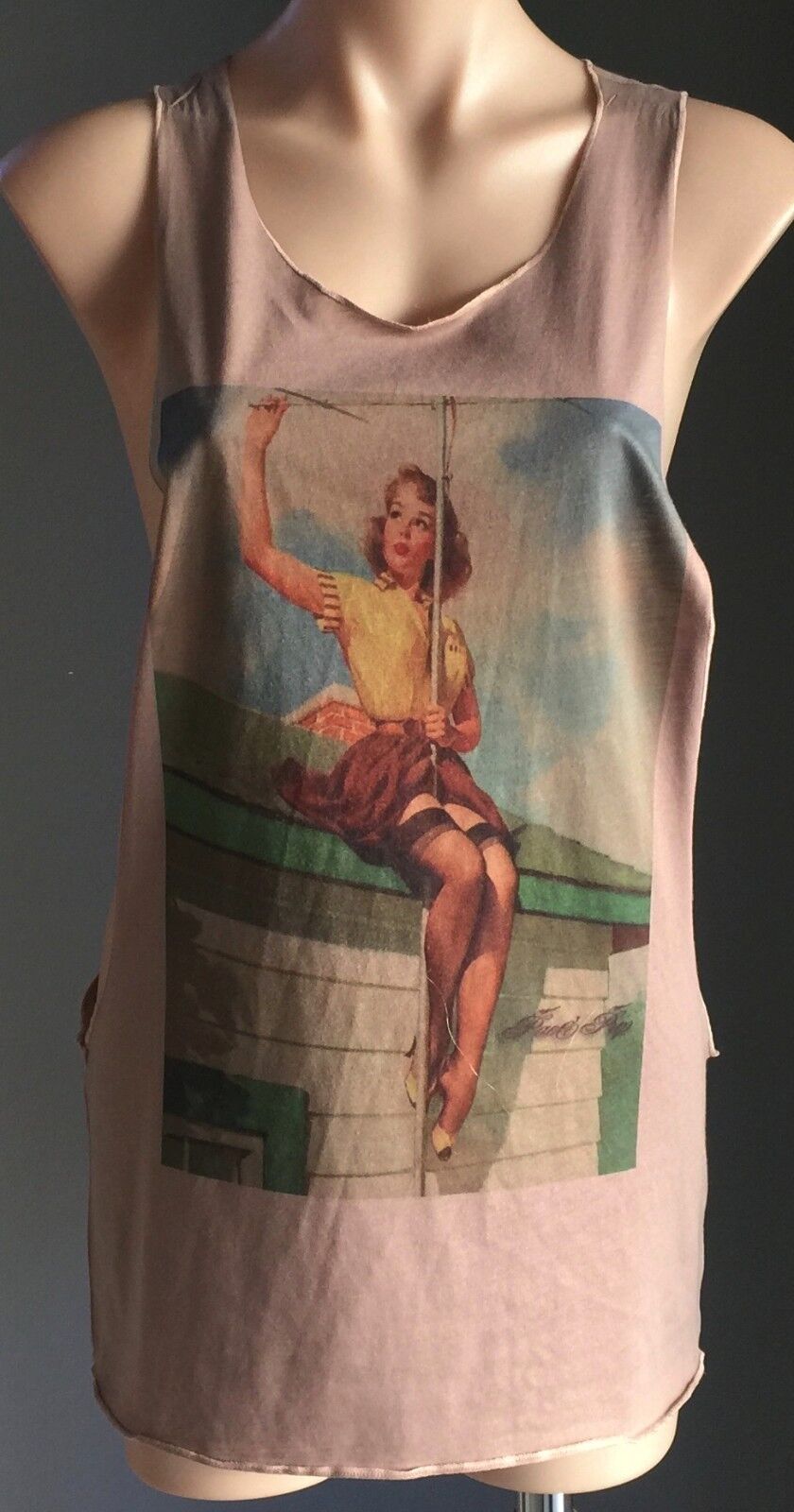 Bombshell Singlet Bright Print Taupe Long Drop Armhole Tank Top Size M 10
