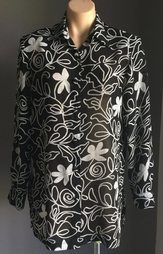 BERNINI Long Over Shirt Black White Floral Top Shoulder Pads Size 12 Vintage NEW