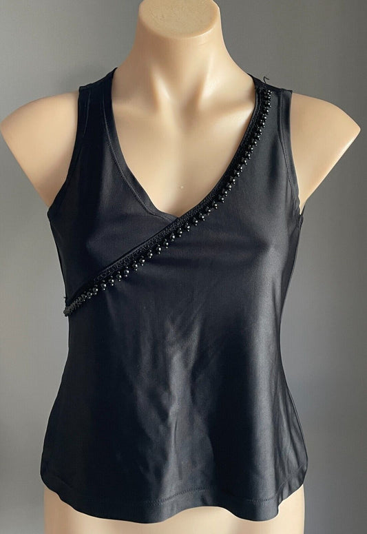 MAHON MIRALIA Top Black Sleeveless Stretch w Beading Trim Size 2 AU 10 NEW