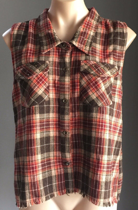TEASEL Check Shirt Button Front Sleeveless Rust Orange Brown Size 12 Vintage