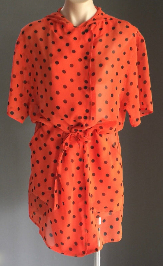 HARRY WHO Jacket Orange & Black Polka Dot Drawstring Sheer Hooded Size 12 1990's