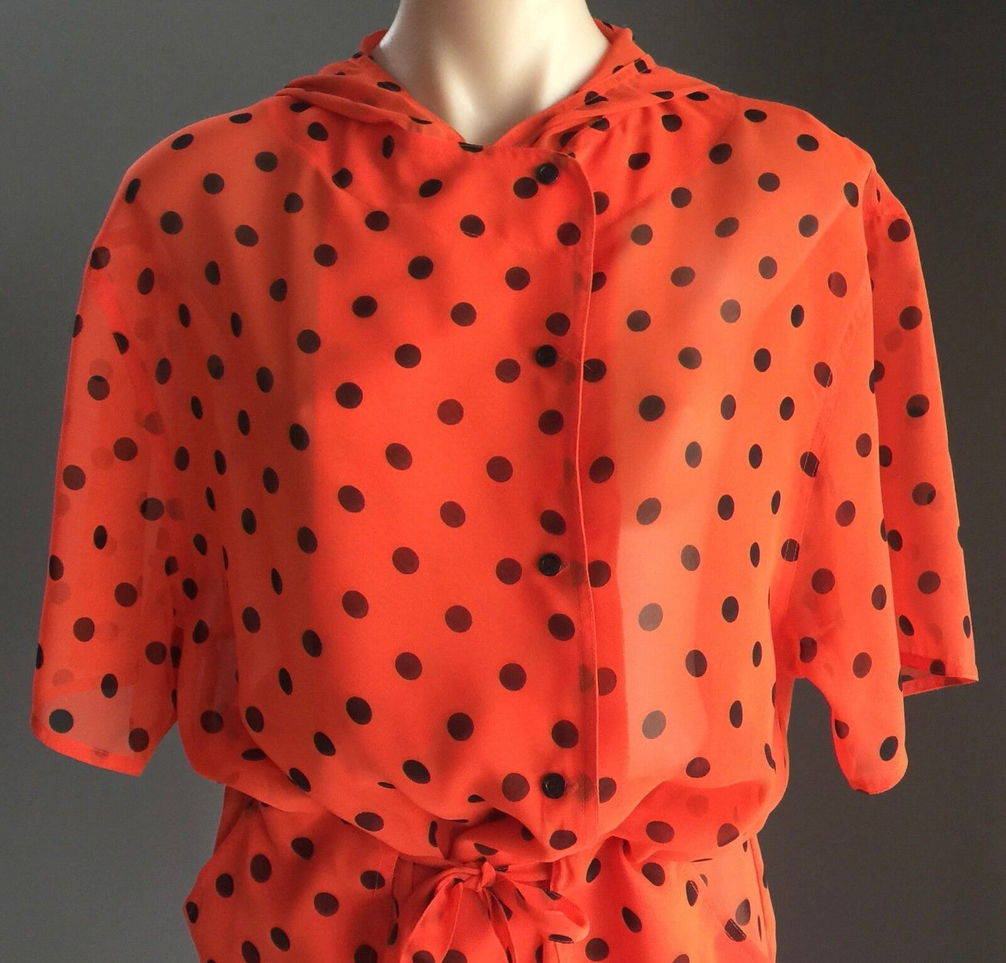 HARRY WHO Jacket Orange & Black Polka Dot Drawstring Sheer Hooded Size 12 1990's
