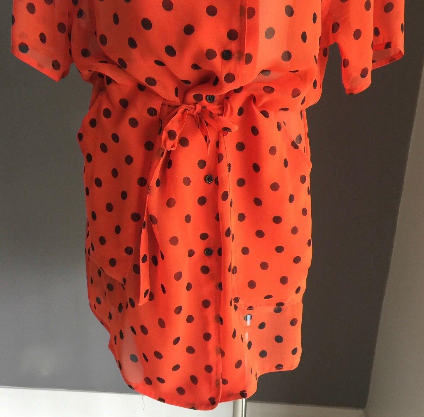 HARRY WHO Jacket Orange & Black Polka Dot Drawstring Sheer Hooded Size 12 1990's