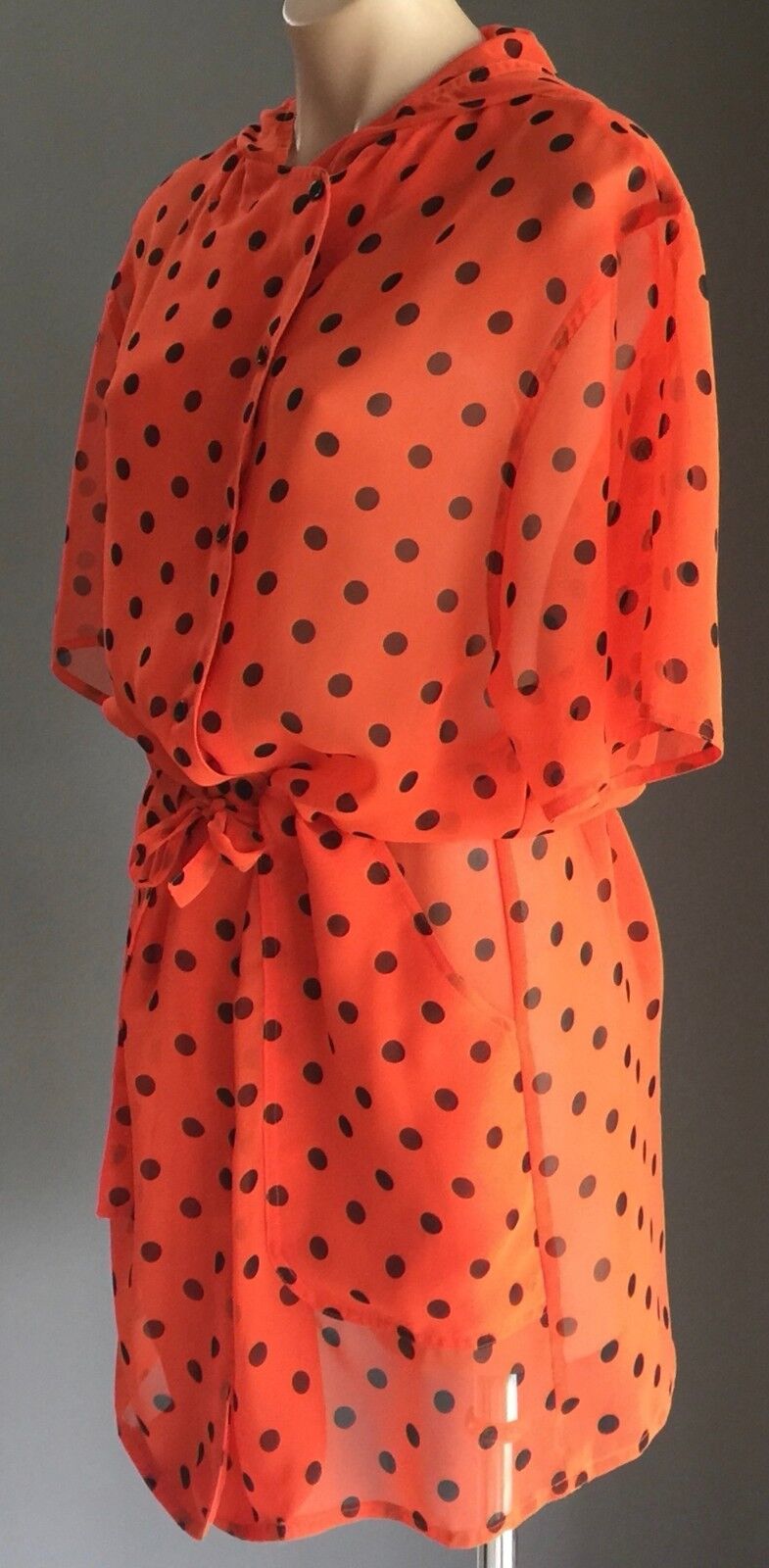 HARRY WHO Jacket Orange & Black Polka Dot Drawstring Sheer Hooded Size 12 1990's