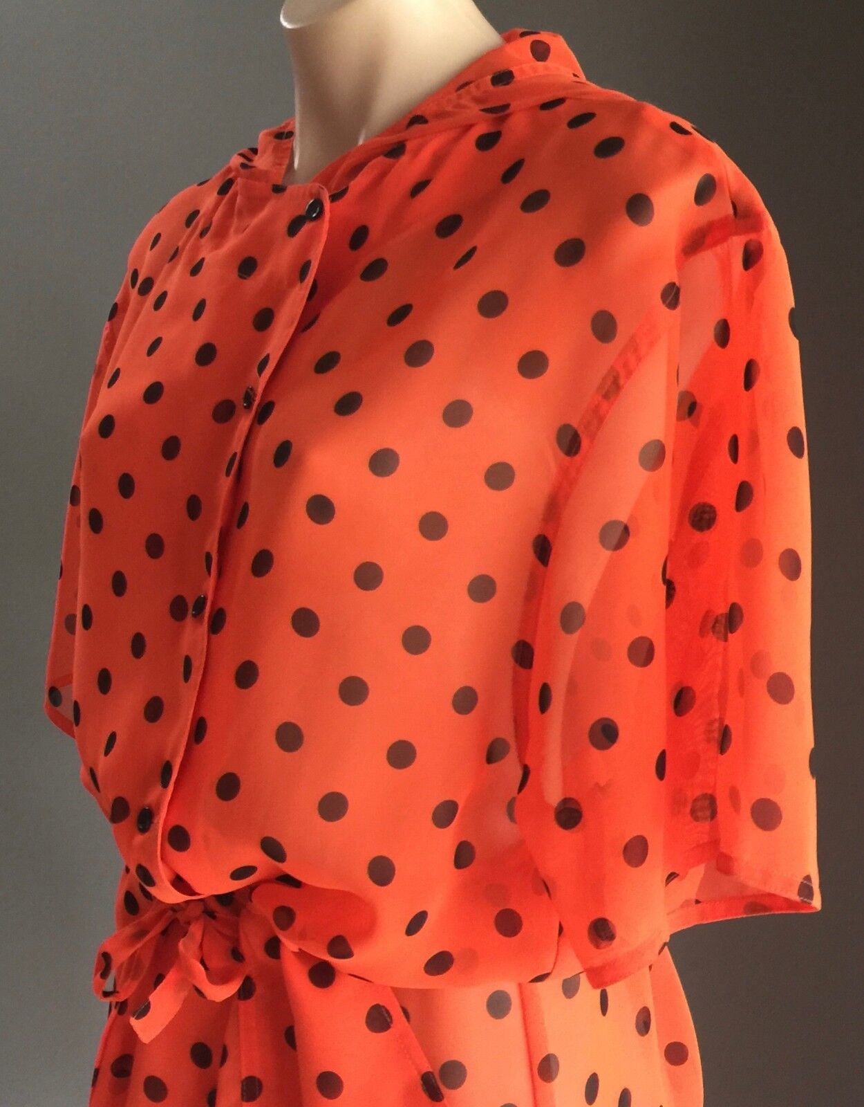 HARRY WHO Jacket Orange & Black Polka Dot Drawstring Sheer Hooded Size 12 1990's