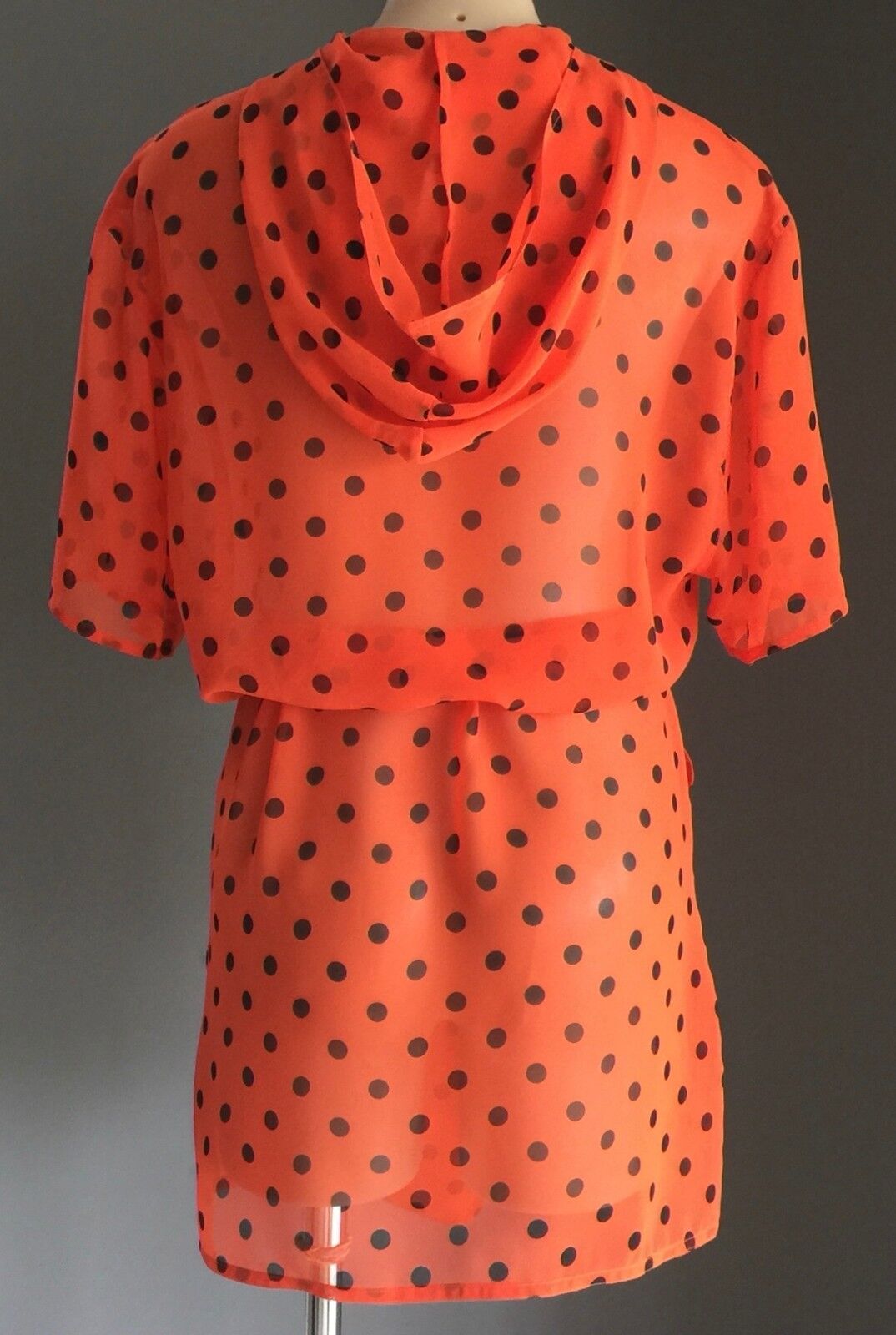 HARRY WHO Jacket Orange & Black Polka Dot Drawstring Sheer Hooded Size 12 1990's