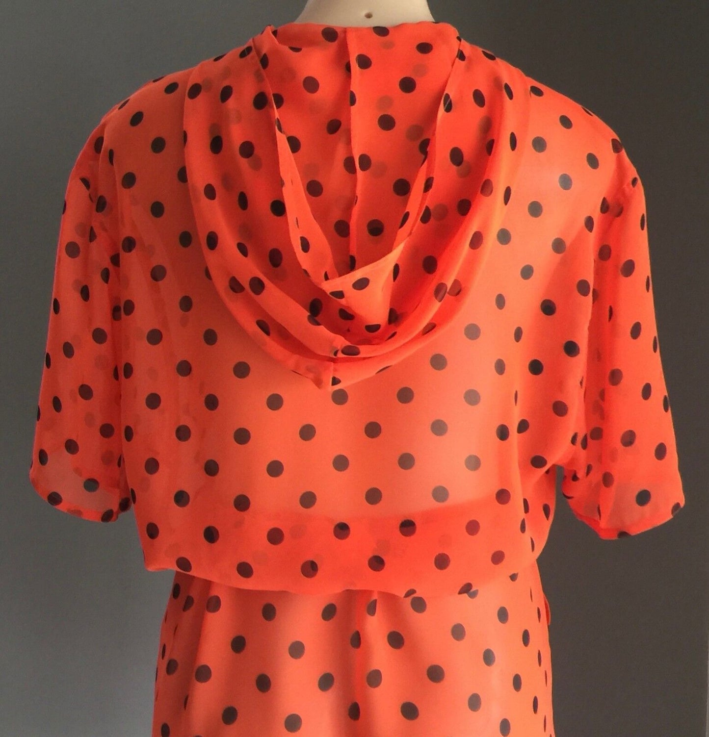 HARRY WHO Jacket Orange & Black Polka Dot Drawstring Sheer Hooded Size 12 1990's