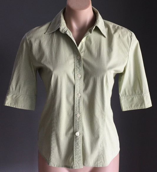 JNY JONES NEW YORK Button Front Shirt Lime Green White Check Stretch Size S  10
