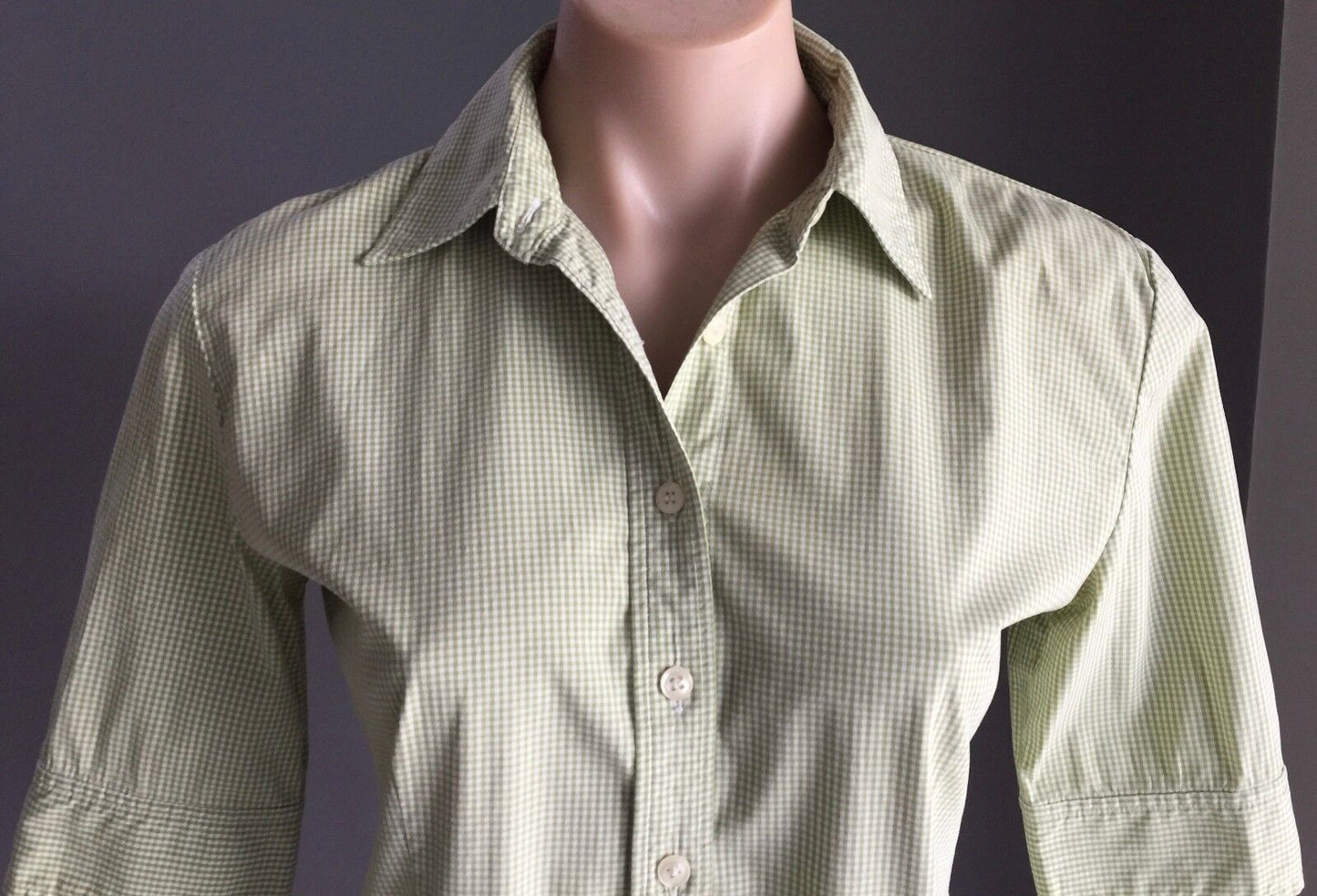 JNY JONES NEW YORK Button Front Shirt Lime Green White Check Stretch Size S  10