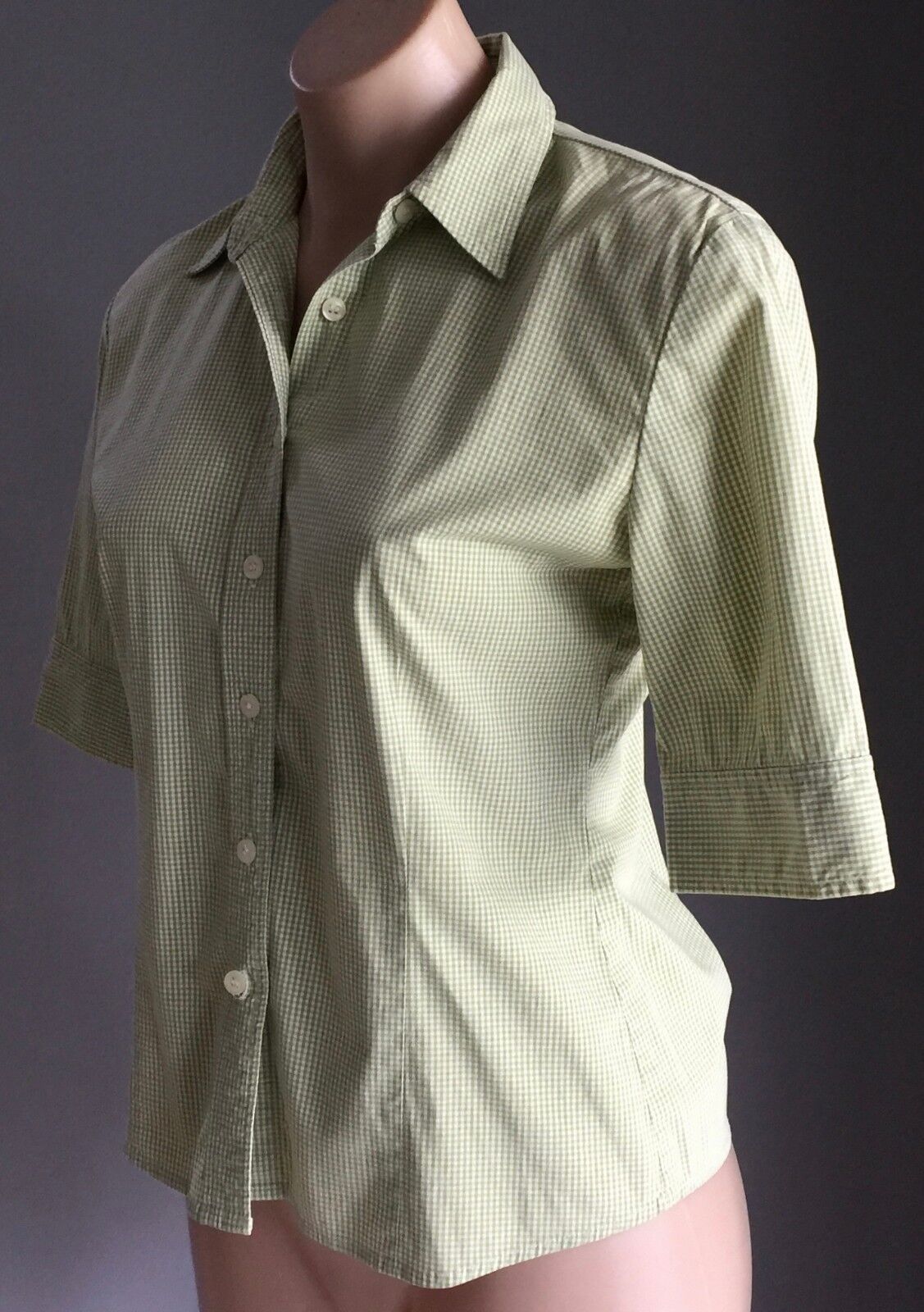 JNY JONES NEW YORK Button Front Shirt Lime Green White Check Stretch Size S  10