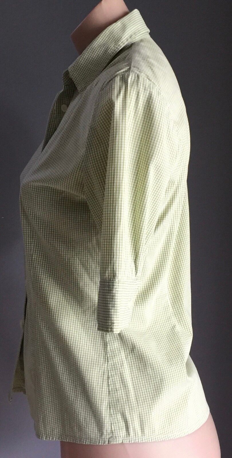 JNY JONES NEW YORK Button Front Shirt Lime Green White Check Stretch Size S  10