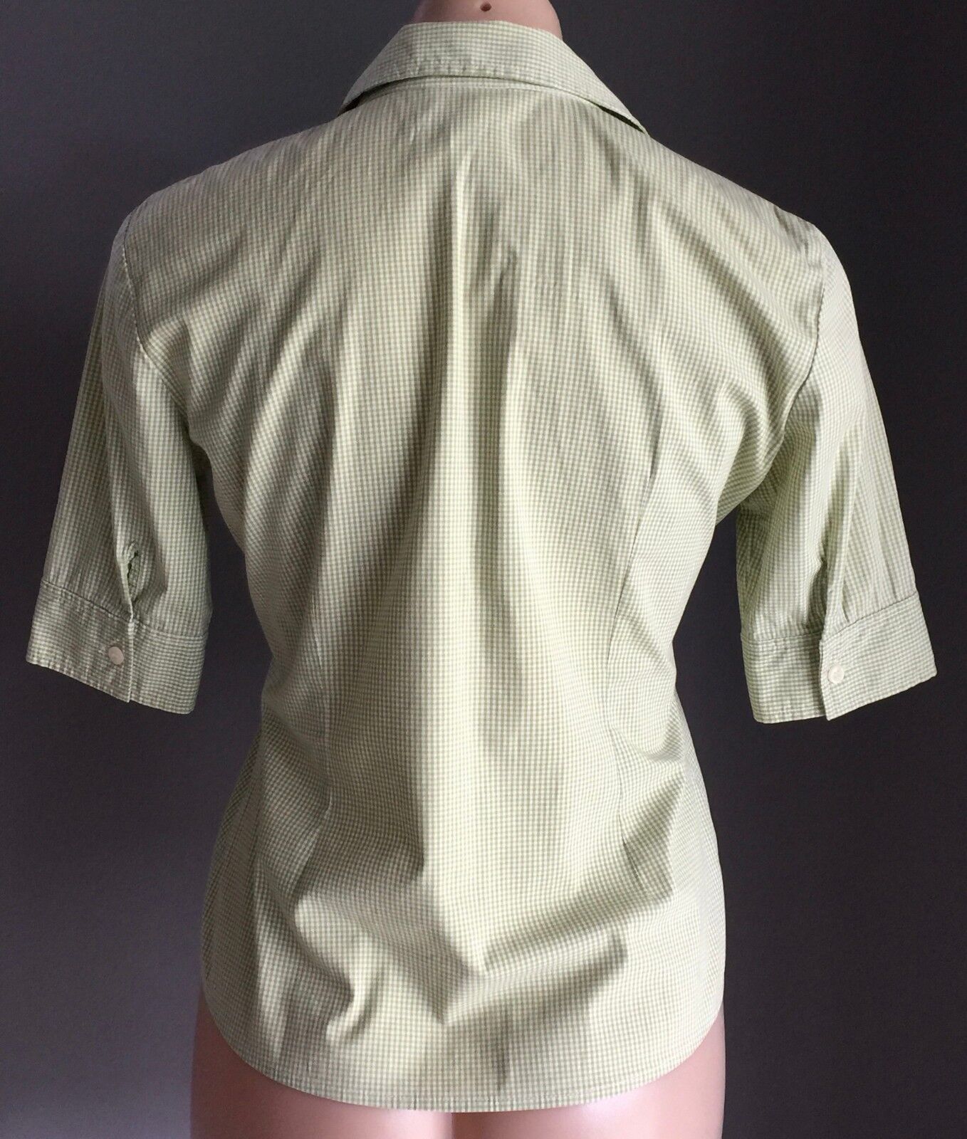 JNY JONES NEW YORK Button Front Shirt Lime Green White Check Stretch Size S  10