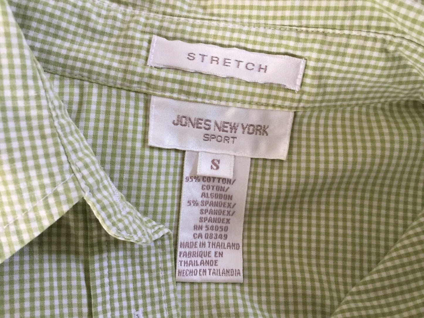 JNY JONES NEW YORK Button Front Shirt Lime Green White Check Stretch Size S  10