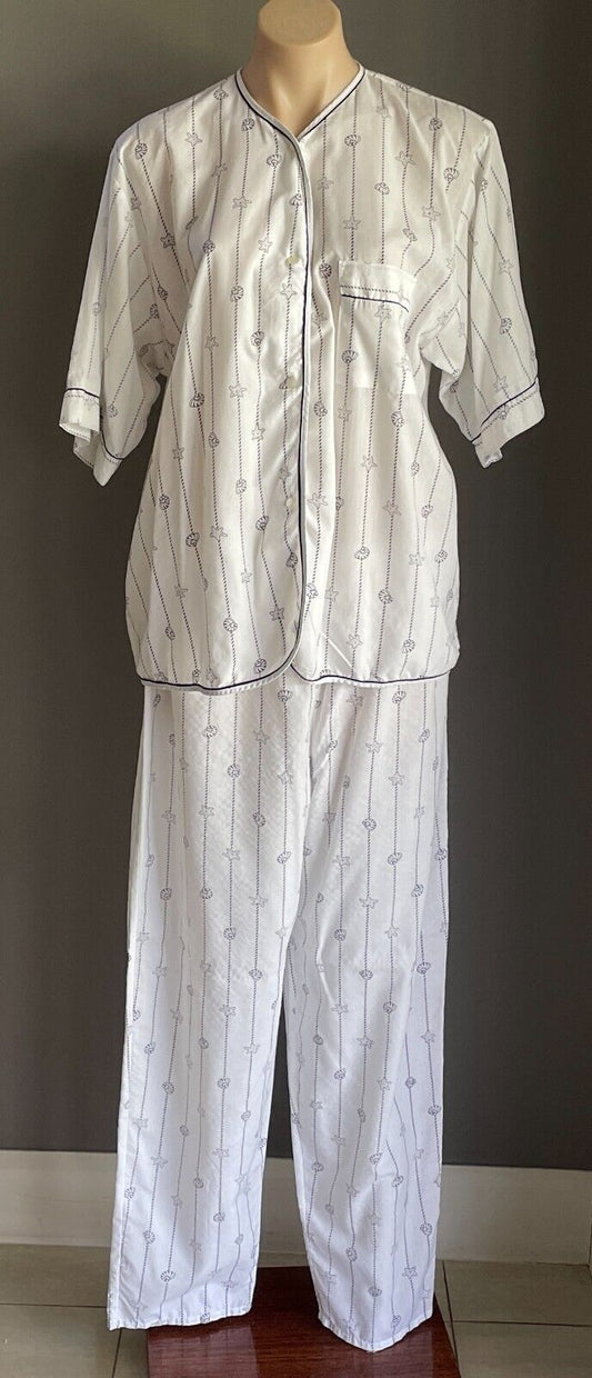 GIVONI Pyjama Set White Blue Shell & Rope Print 2 Piece PJ Top & Pants Size M 10