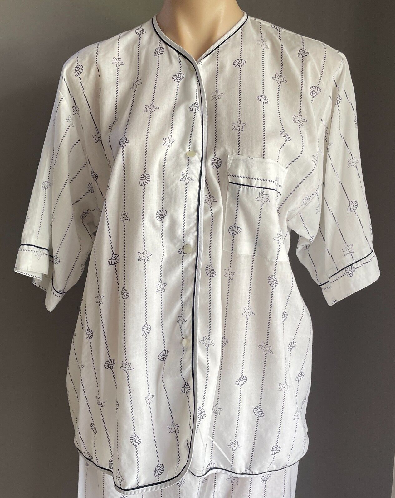 GIVONI Pyjama Set White Blue Shell & Rope Print 2 Piece PJ Top & Pants Size M 10