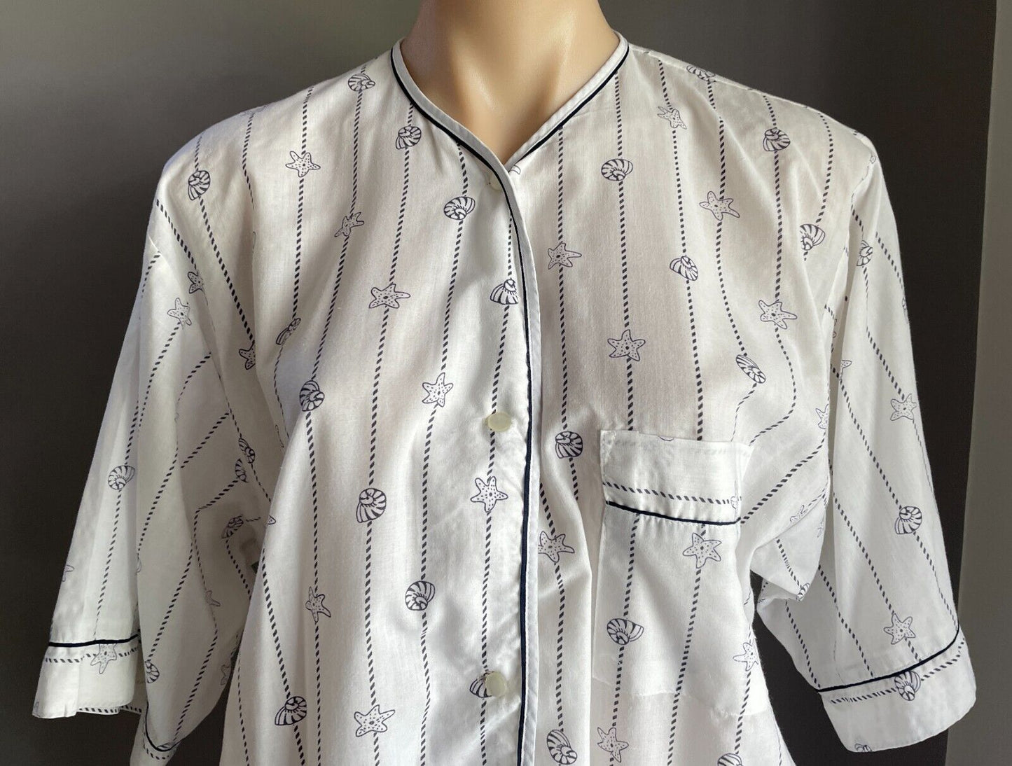 GIVONI Pyjama Set White Blue Shell & Rope Print 2 Piece PJ Top & Pants Size M 10