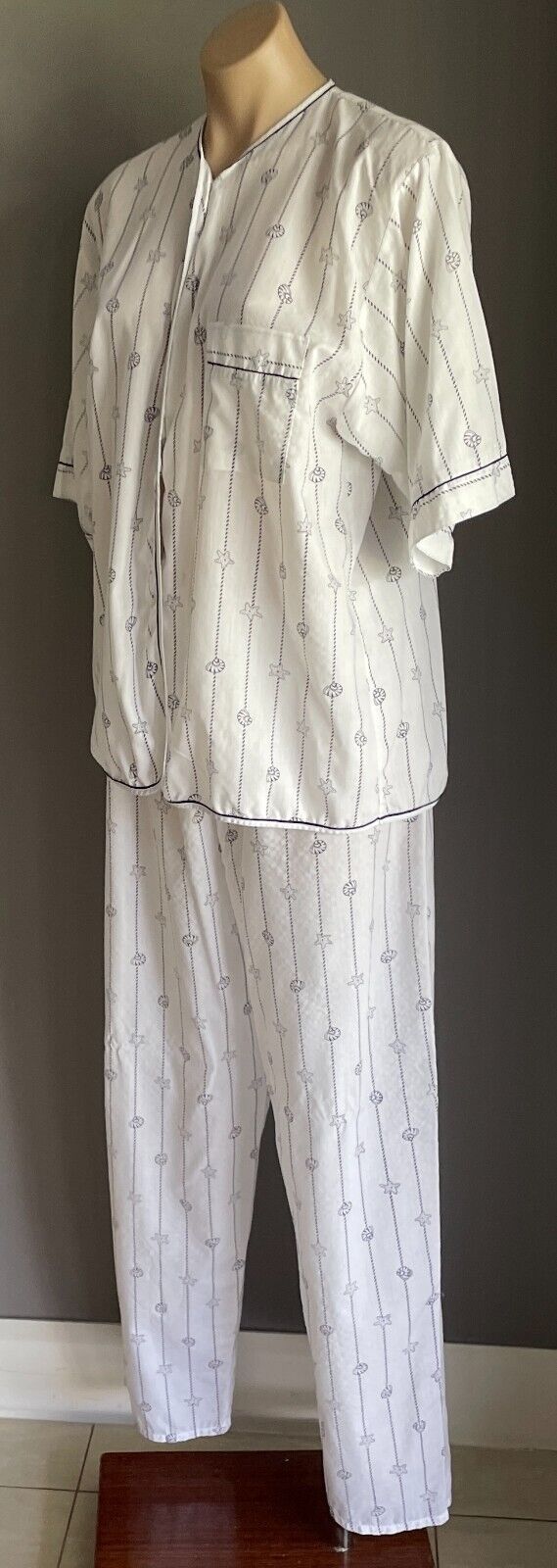 GIVONI Pyjama Set White Blue Shell & Rope Print 2 Piece PJ Top & Pants Size M 10
