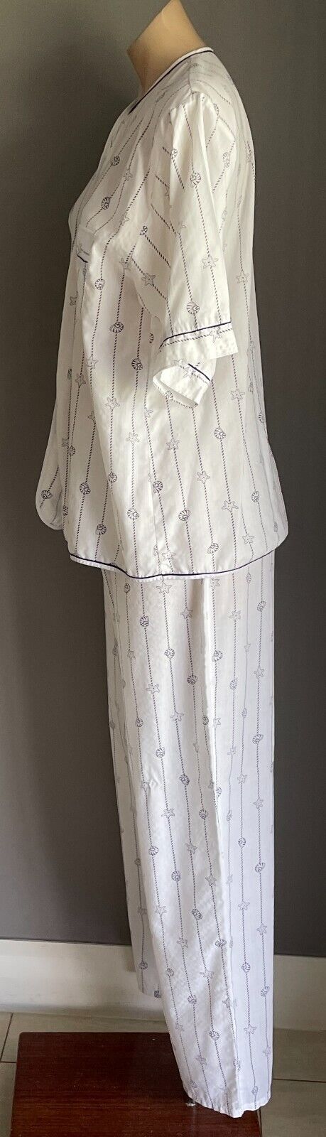 GIVONI Pyjama Set White Blue Shell & Rope Print 2 Piece PJ Top & Pants Size M 10