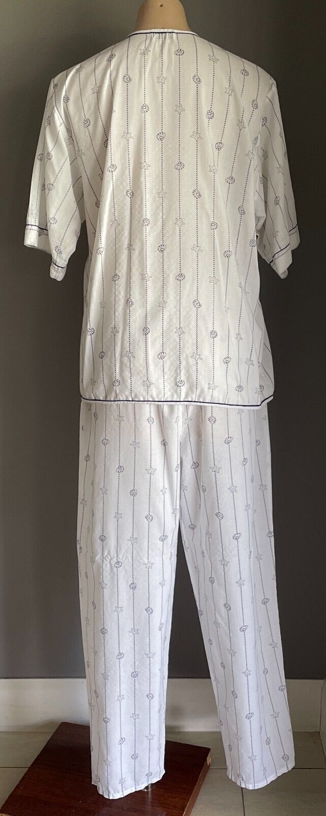 GIVONI Pyjama Set White Blue Shell & Rope Print 2 Piece PJ Top & Pants Size M 10