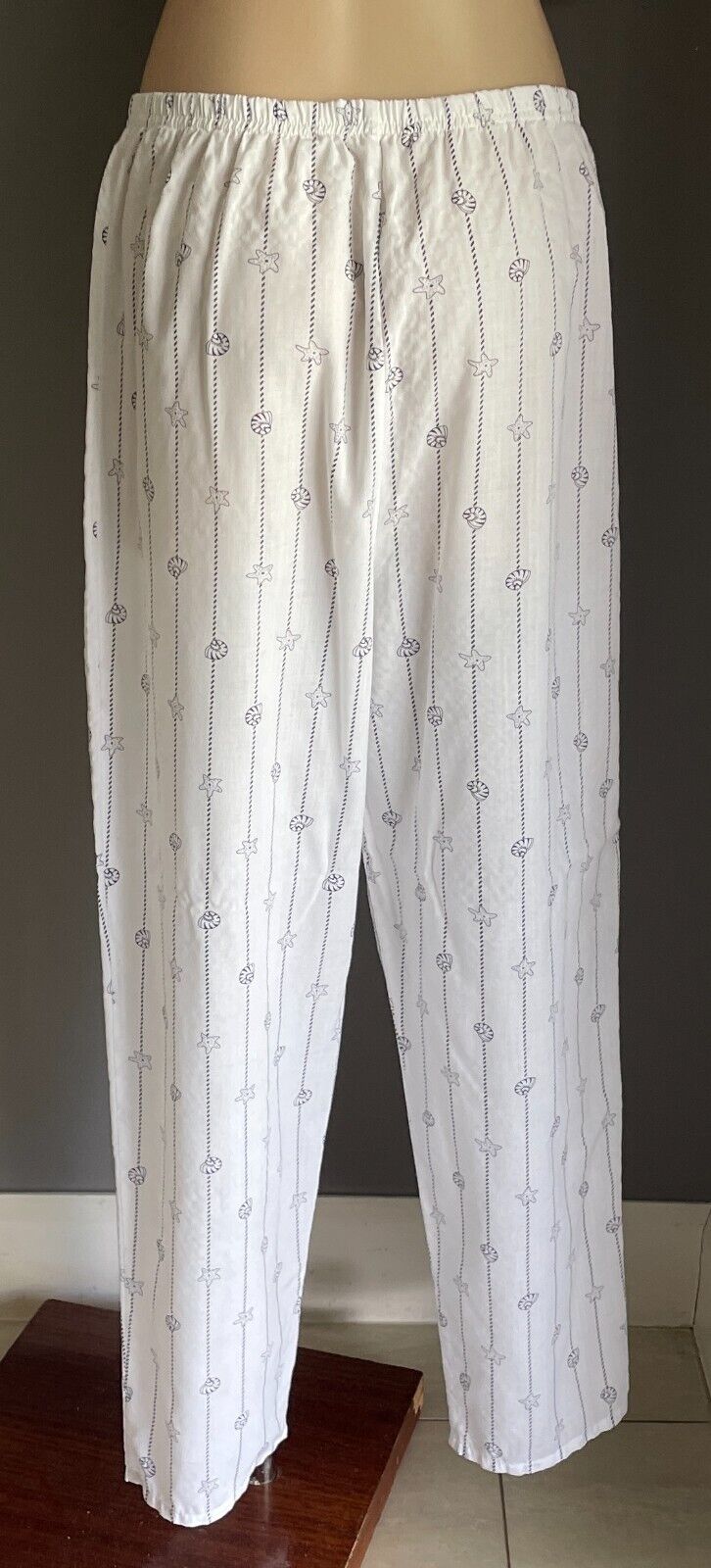 GIVONI Pyjama Set White Blue Shell & Rope Print 2 Piece PJ Top & Pants Size M 10