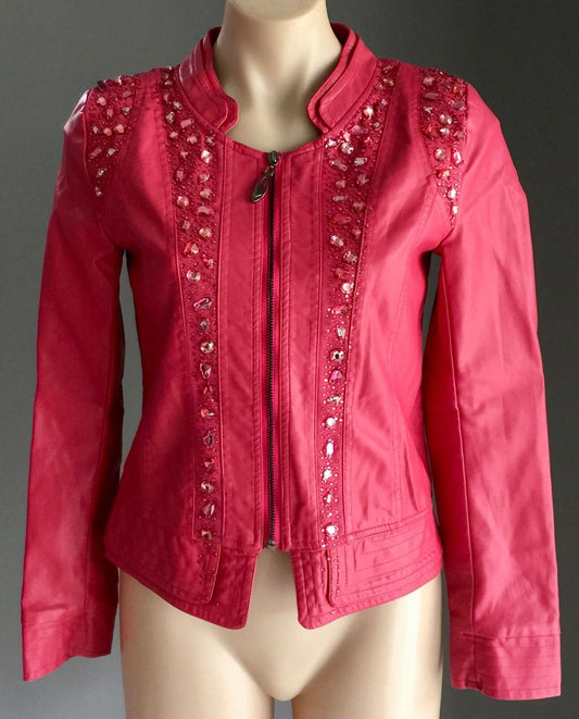 LIAN YI LONG Jacket Dusty Rose Red Crystal Embellished PU Crop Moto Siz S 10 NEW