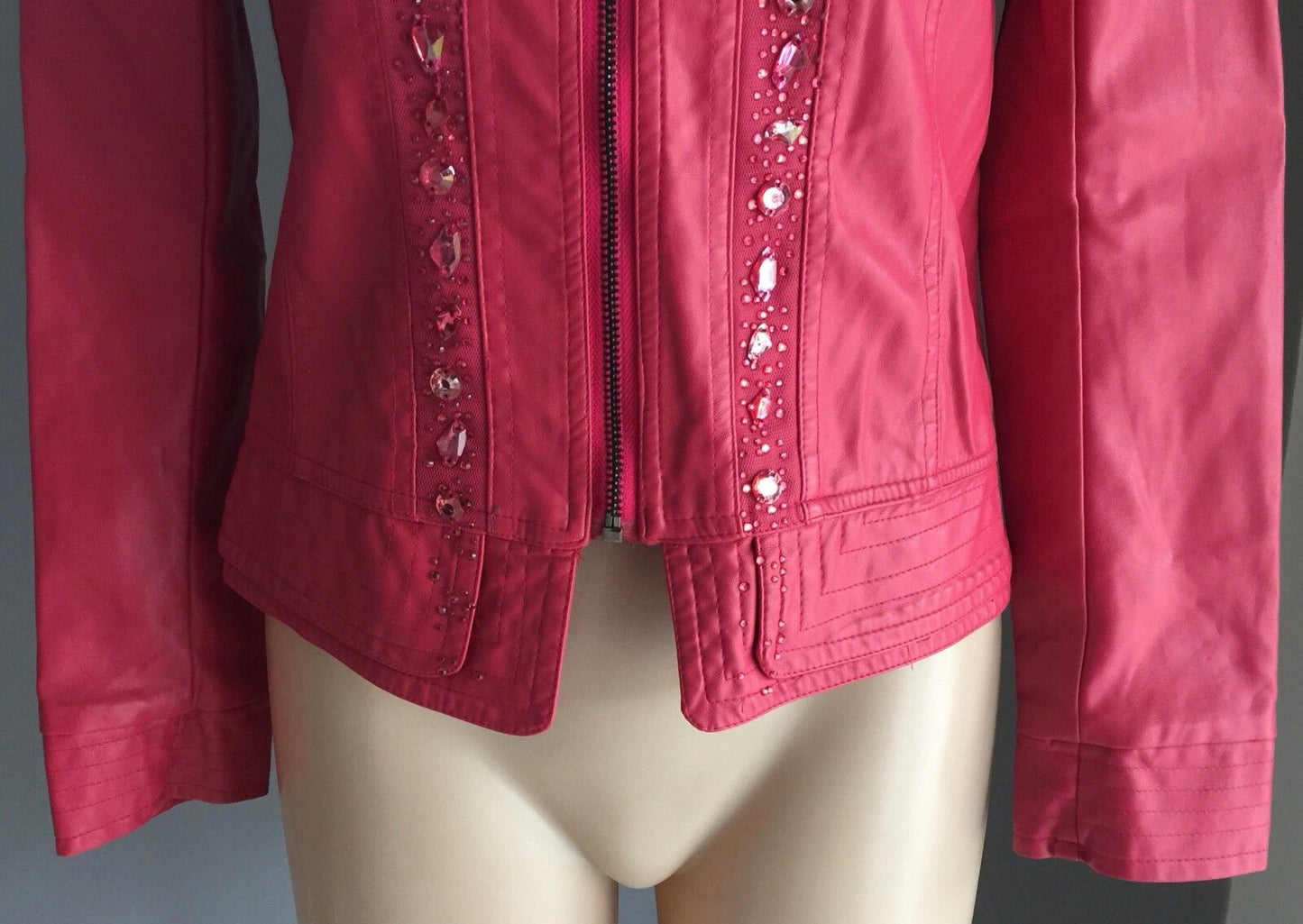 LIAN YI LONG Jacket Dusty Rose Red Crystal Embellished PU Crop Moto Siz S 10 NEW