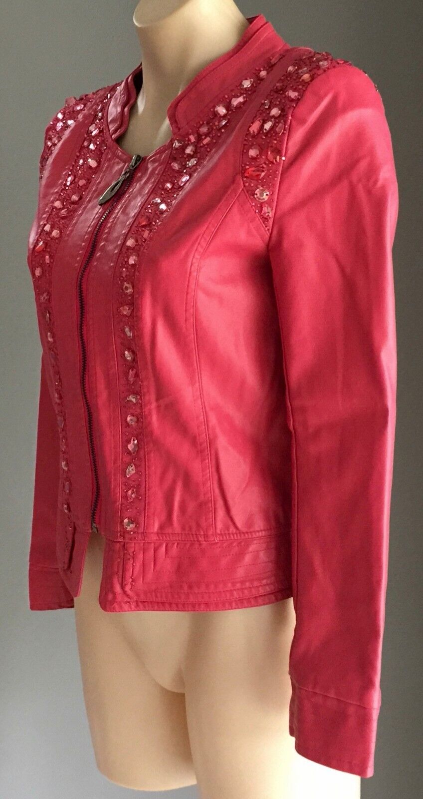 LIAN YI LONG Jacket Dusty Rose Red Crystal Embellished PU Crop Moto Siz S 10 NEW