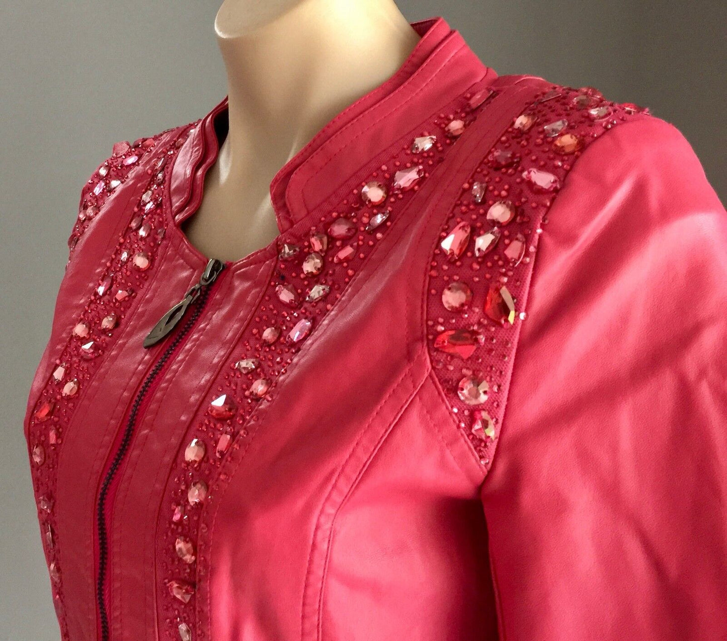 LIAN YI LONG Jacket Dusty Rose Red Crystal Embellished PU Crop Moto Siz S 10 NEW