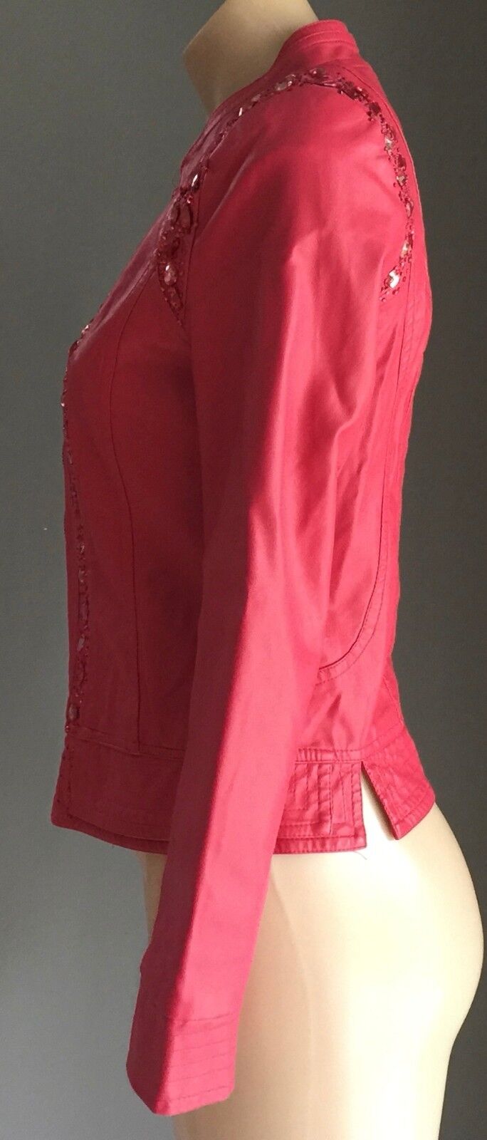 LIAN YI LONG Jacket Dusty Rose Red Crystal Embellished PU Crop Moto Siz S 10 NEW