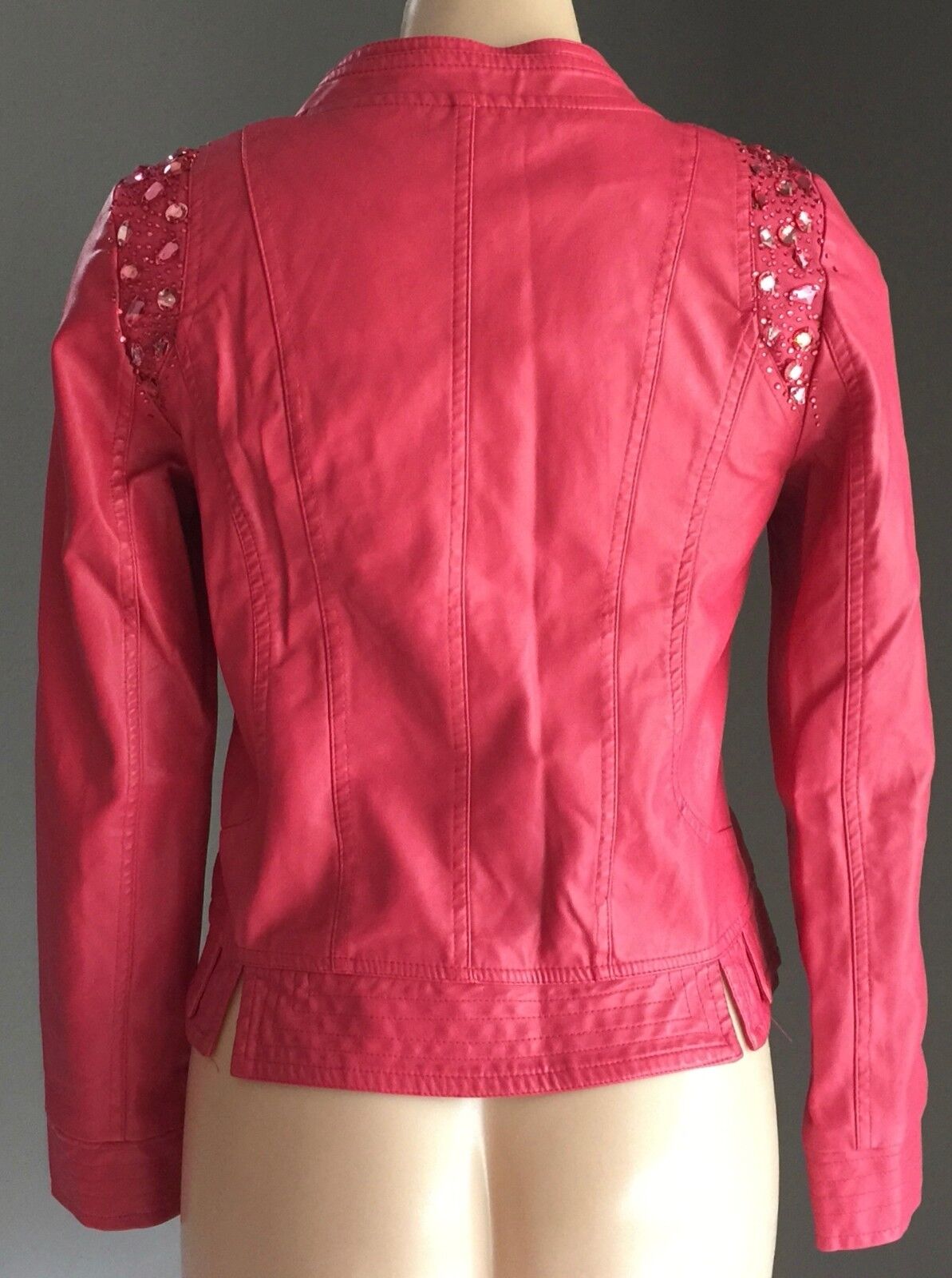 LIAN YI LONG Jacket Dusty Rose Red Crystal Embellished PU Crop Moto Siz S 10 NEW