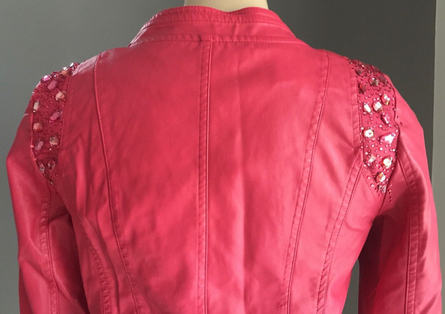 LIAN YI LONG Jacket Dusty Rose Red Crystal Embellished PU Crop Moto Siz S 10 NEW