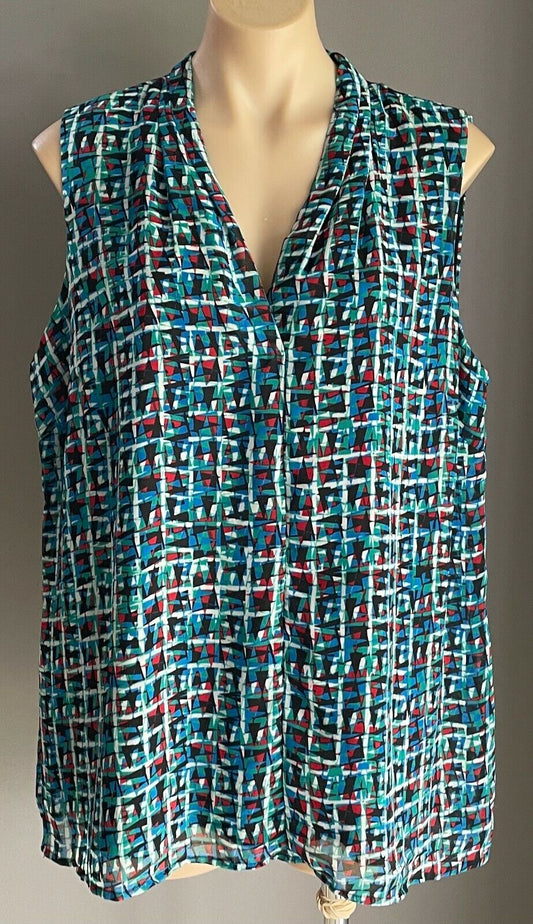 LIZ JORDAN Top "Hannah" Blue Green Red White Geo Sleeveless Blouse Size 16 NEW