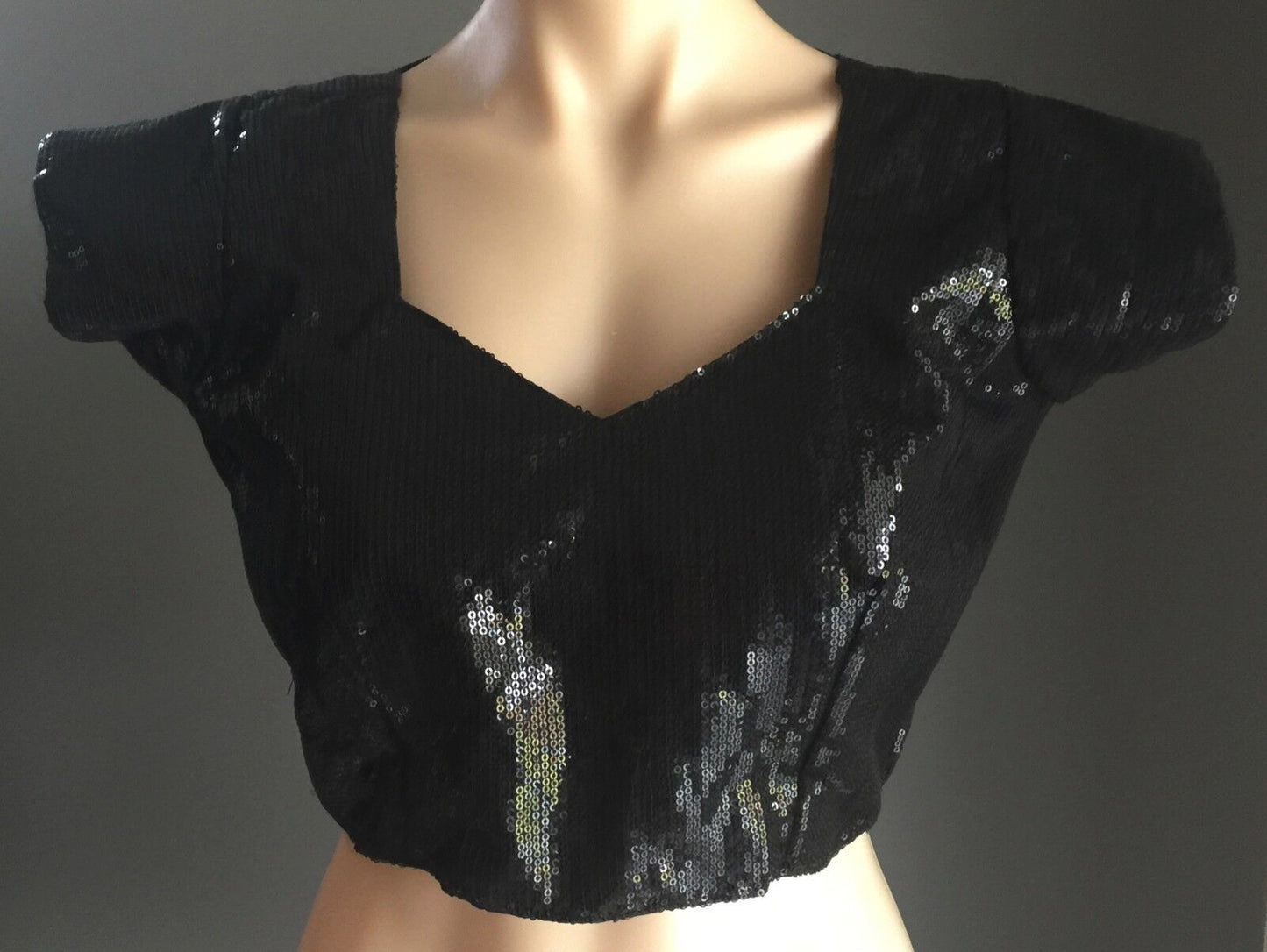 SEQUINS Crop Top Black w Open Back Short Sleeves Bolero Ladies Size 10 12