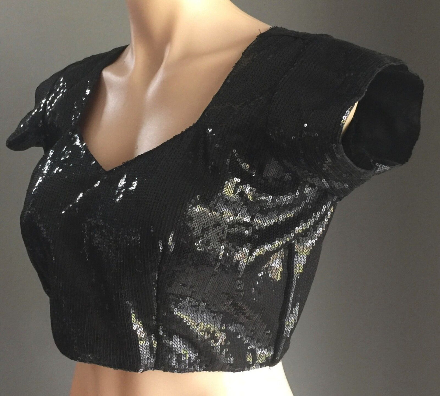 SEQUINS Crop Top Black w Open Back Short Sleeves Bolero Ladies Size 10 12