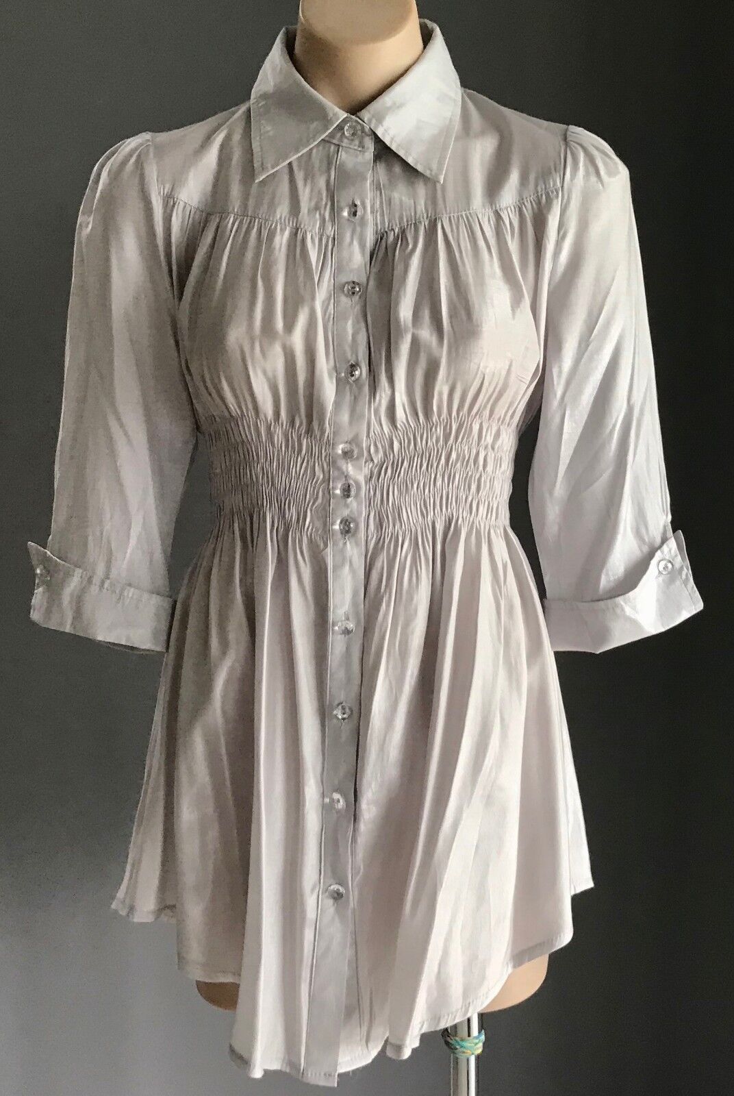 RAY Metallic Silver Shirt Shirred Waist Button Front 3/4 Sleeve Sz M 10