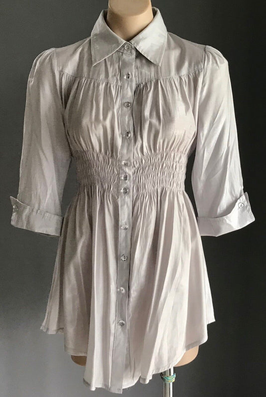 RAY Metallic Silver Shirt Shirred Waist Button Front 3/4 Sleeve Sz M 10