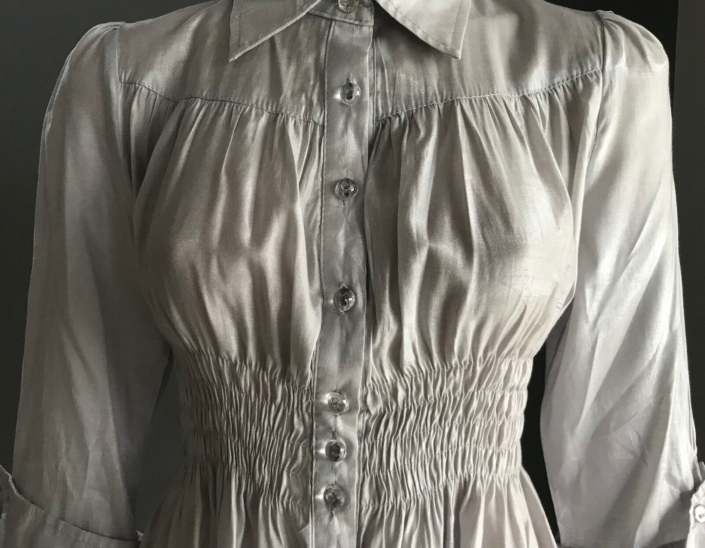 RAY Metallic Silver Shirt Shirred Waist Button Front 3/4 Sleeve Sz M 10