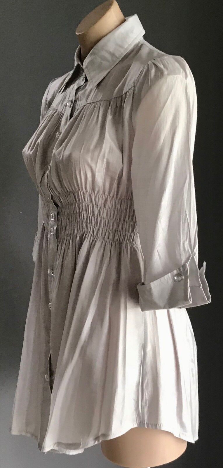RAY Metallic Silver Shirt Shirred Waist Button Front 3/4 Sleeve Sz M 10