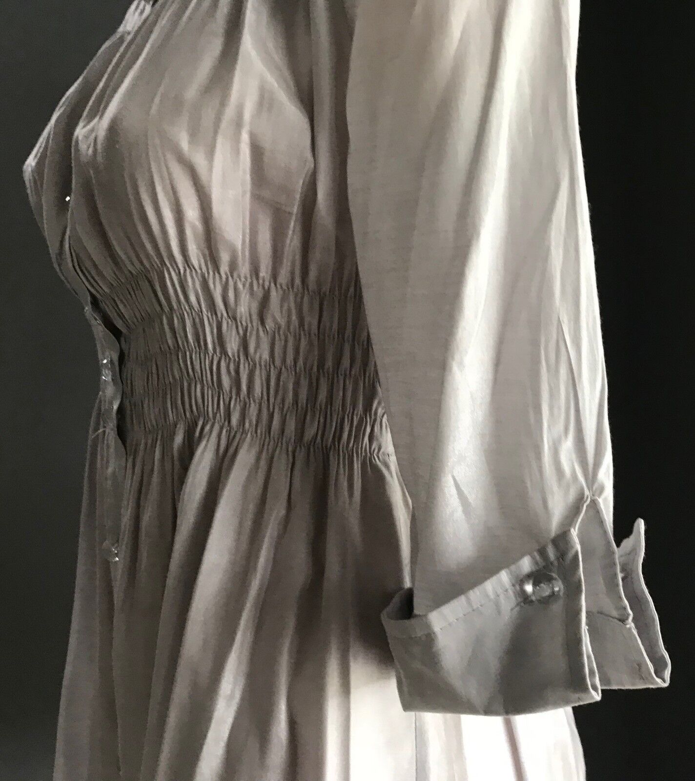 RAY Metallic Silver Shirt Shirred Waist Button Front 3/4 Sleeve Sz M 10