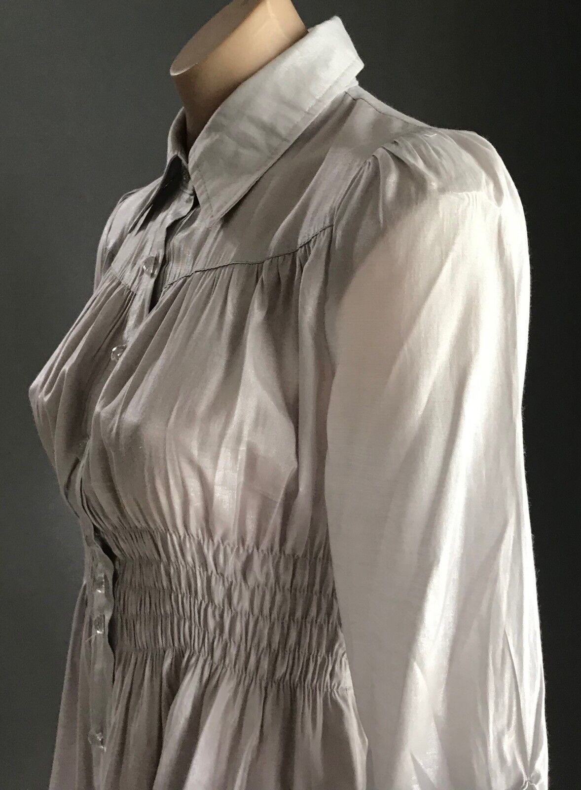 RAY Metallic Silver Shirt Shirred Waist Button Front 3/4 Sleeve Sz M 10