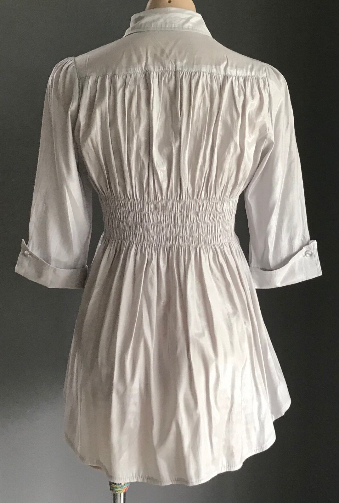 RAY Metallic Silver Shirt Shirred Waist Button Front 3/4 Sleeve Sz M 10