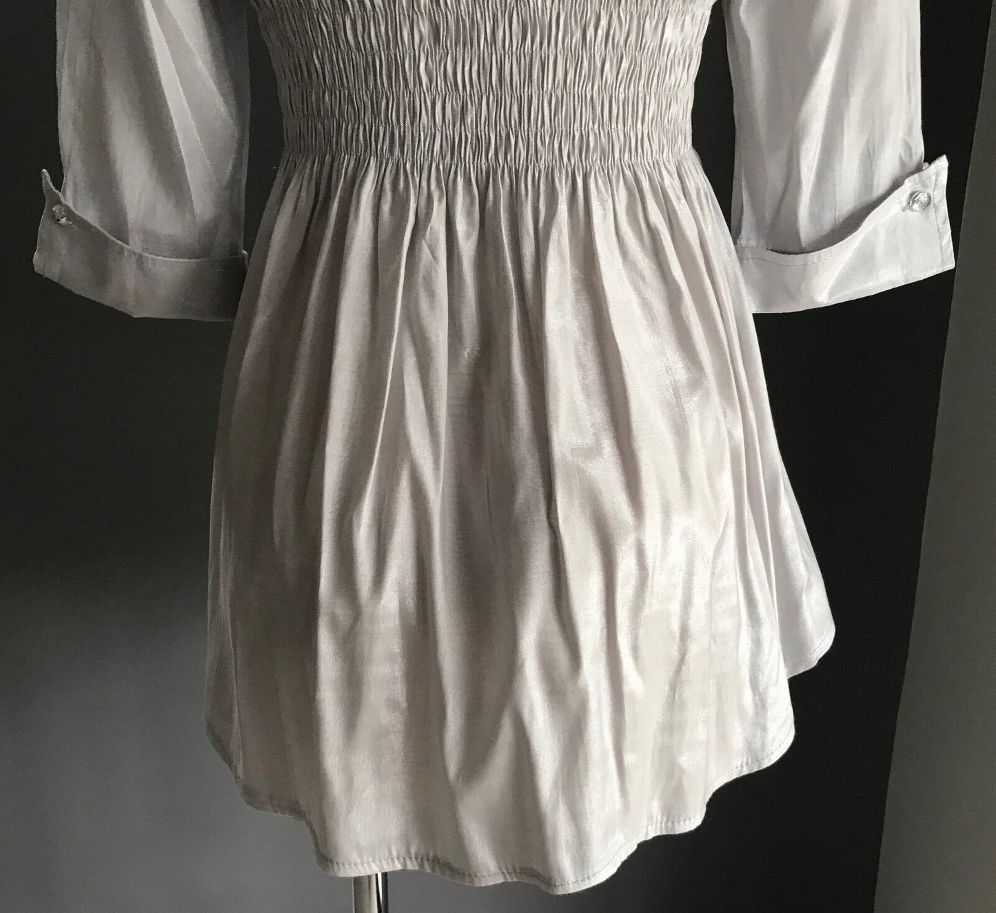RAY Metallic Silver Shirt Shirred Waist Button Front 3/4 Sleeve Sz M 10
