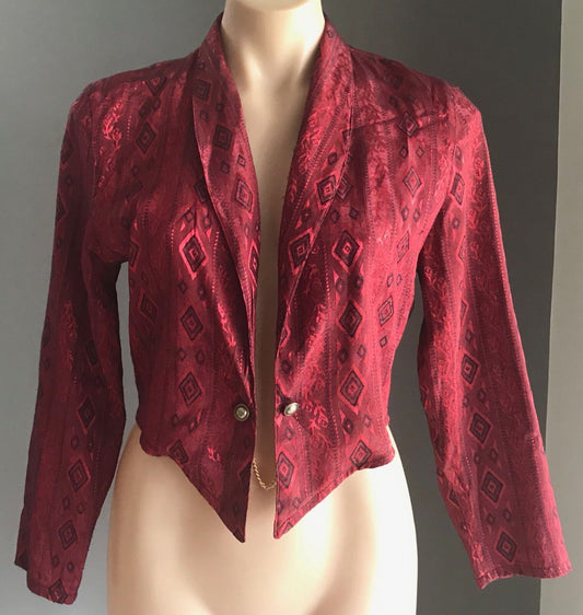 WHISTLES Crop Jacket Metallic Jacquard Red & Black Print Top Size 10 UK Vintage