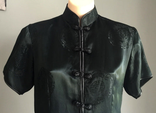 Cheongsam Tunic Top Chinese Black Short Sleeve Mandarin Satin Vintage Size 10