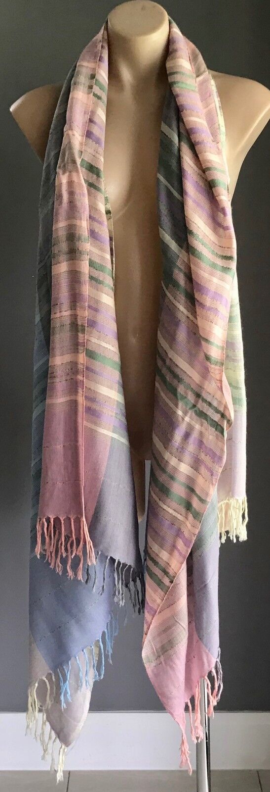 Boho Neck Scarf Blue Mauve Ivory Pink Green Stripe Shoulder Shawl Pastel Fringed