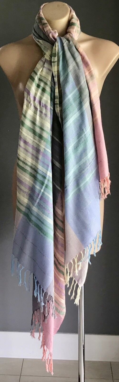 Boho Neck Scarf Blue Mauve Ivory Pink Green Stripe Shoulder Shawl Pastel Fringed