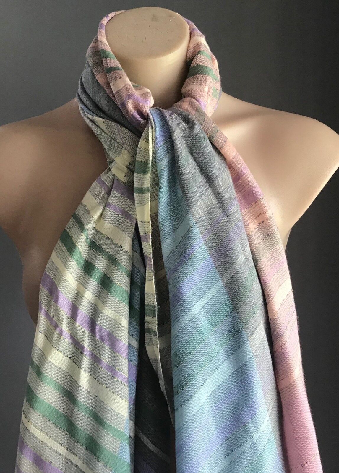 Boho Neck Scarf Blue Mauve Ivory Pink Green Stripe Shoulder Shawl Pastel Fringed