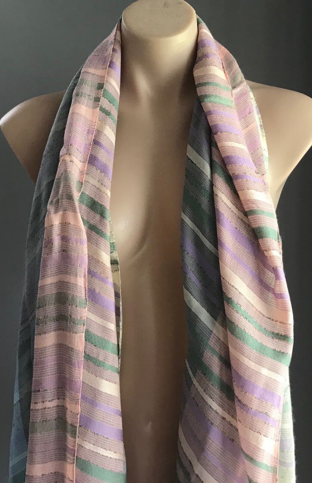 Boho Neck Scarf Blue Mauve Ivory Pink Green Stripe Shoulder Shawl Pastel Fringed