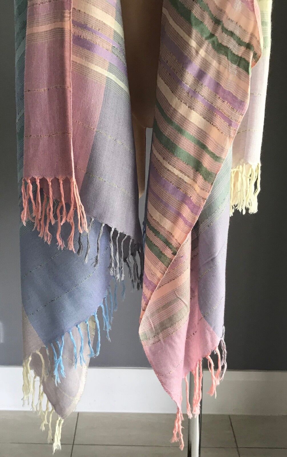 Boho Neck Scarf Blue Mauve Ivory Pink Green Stripe Shoulder Shawl Pastel Fringed